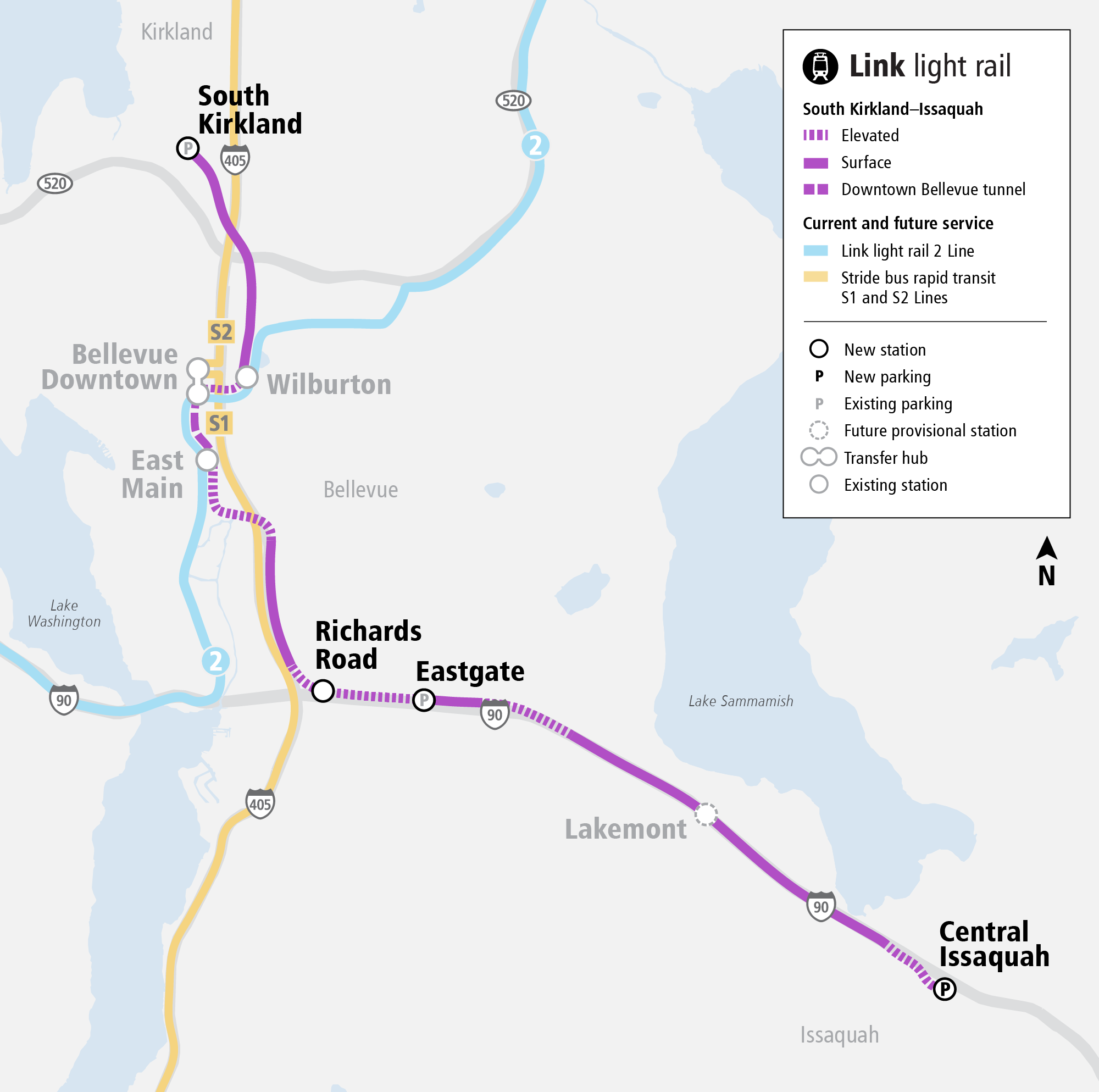 Map depicting the South Kirkland to Issaquah Link alignment