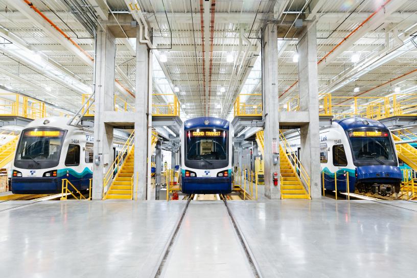 Link light rail vehicles ready for maintenance in the Operations and Maintenance Facility in Seattle.