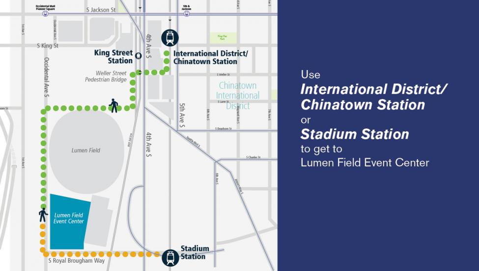 A map showing the walking route from the International District-Chinatown and Stadium light rail stations to the vaccination clinic at Lumen Field. 