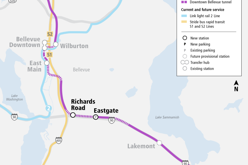 Map depicting the South Kirkland to Issaquah Link alignment