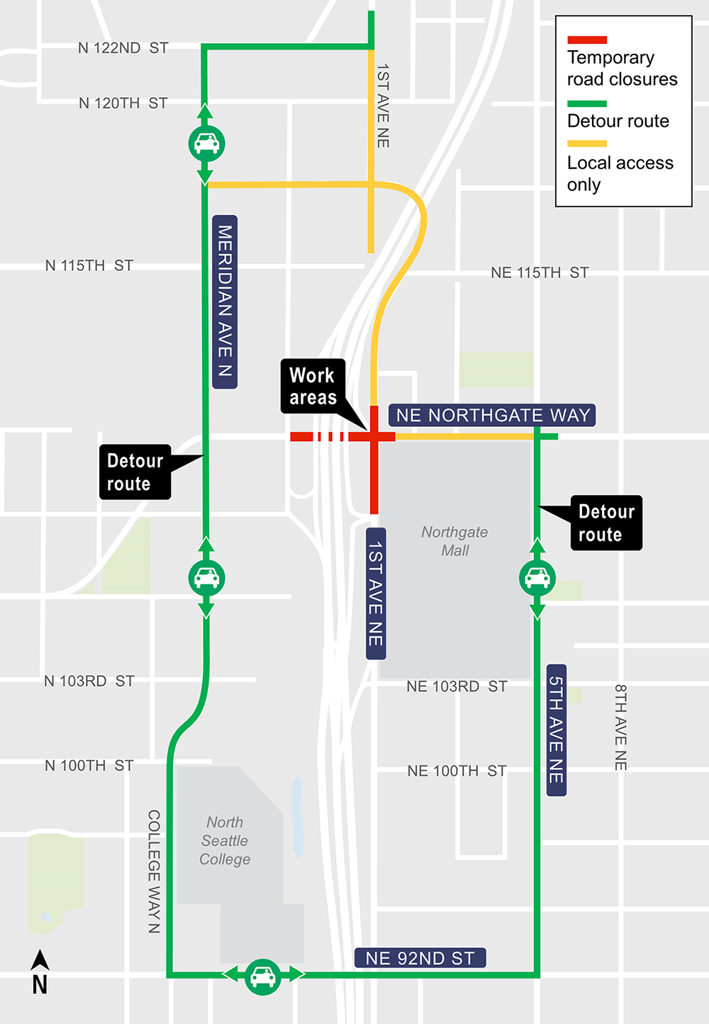 Construction map of Northgate Way and 1st ave NE intersection closure