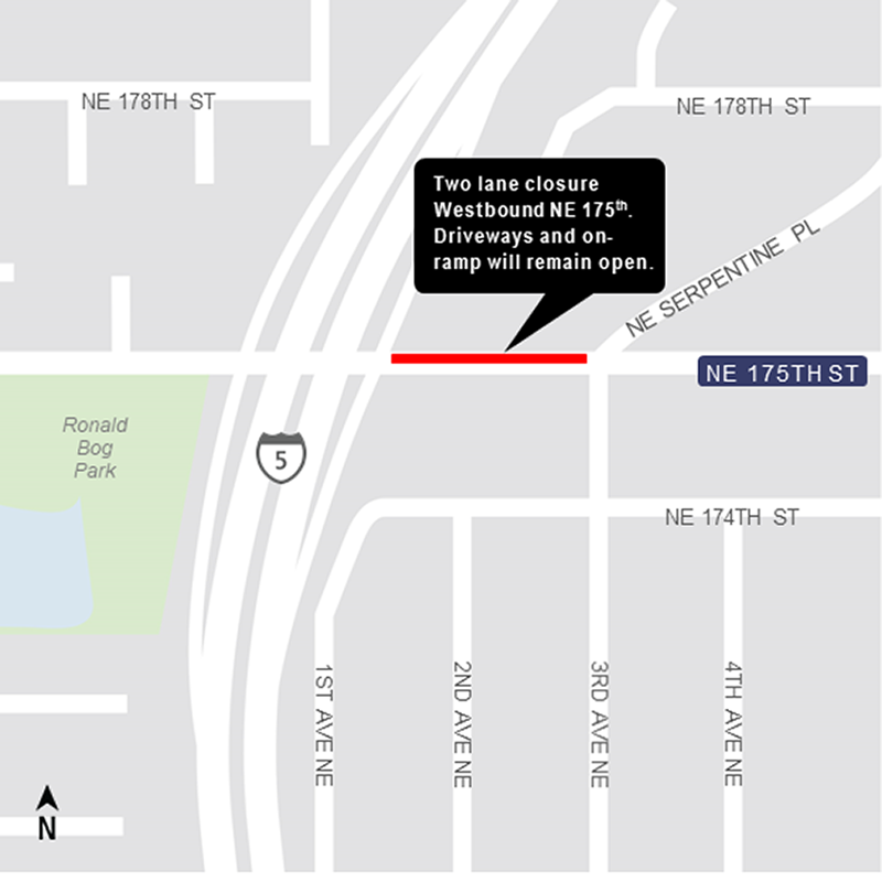 Construction map for NE 175th lane closure to I-5, Lynnwood Link Extension