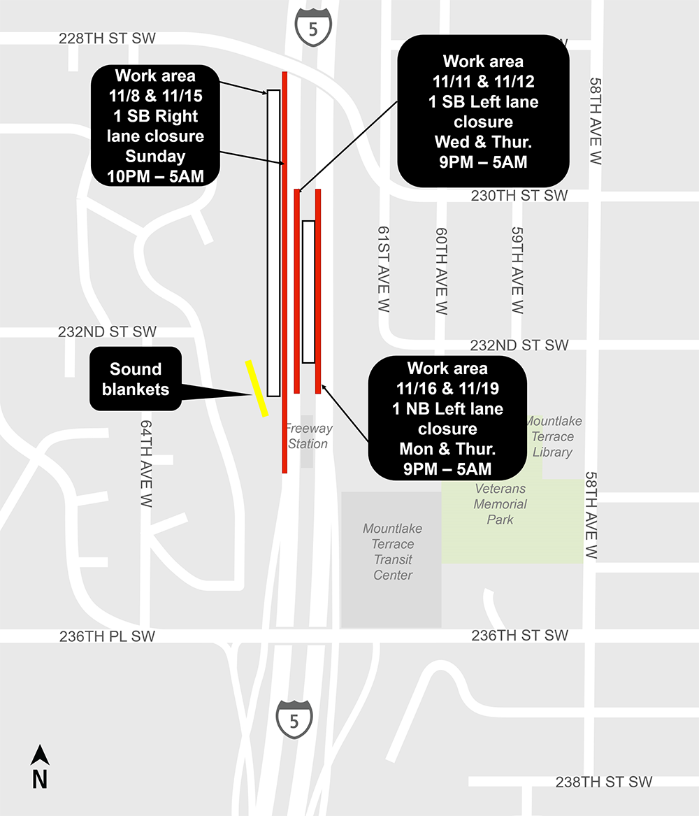 Construction map for I-5 lane closures night work, Lynnwood Link Extension