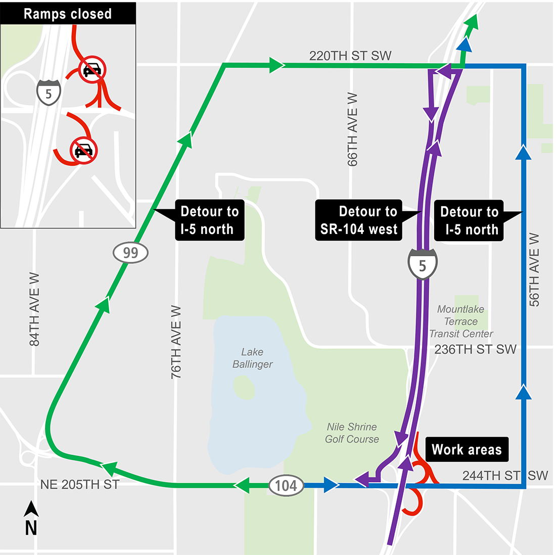 Construction map for State Road 104 Closure, Lynnwood Link Extension