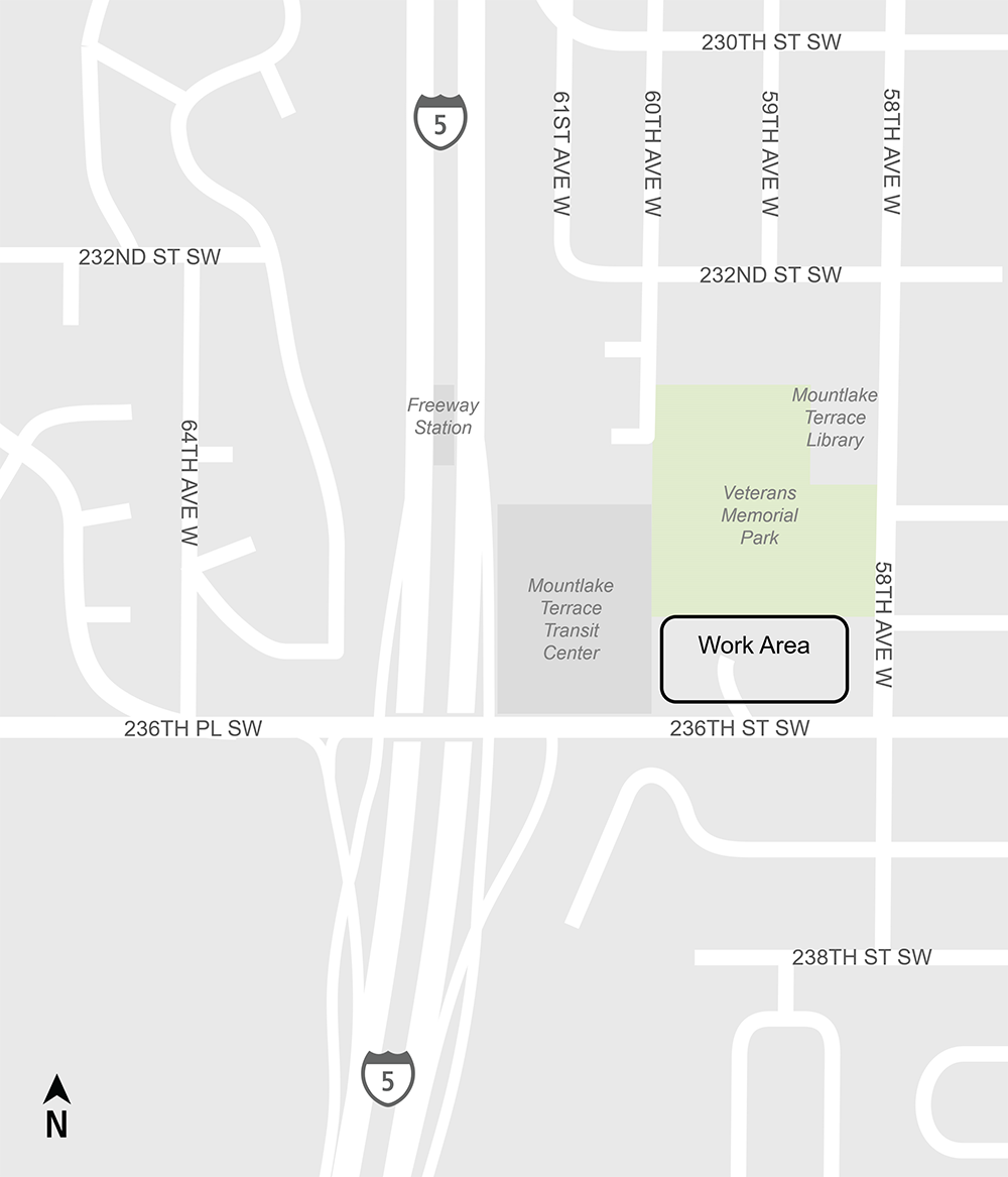 Construction map of work occurring near 59th Place, Lynnwood Link Extension