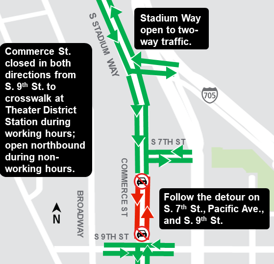 Construction map for Commerce Street Construction closures, Hilltop Tacoma Link Extension