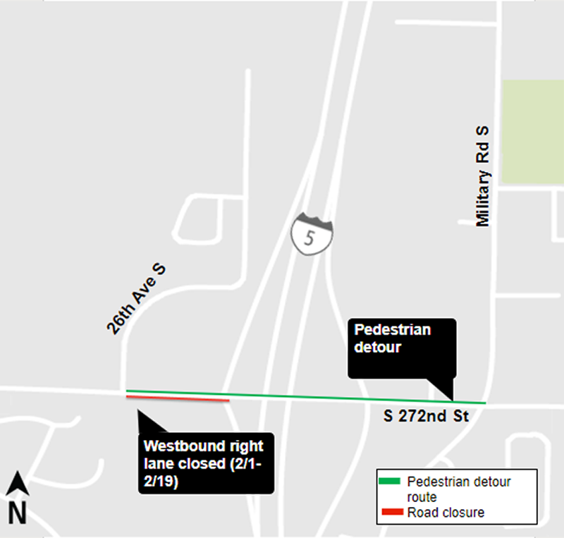 Construction map for S 272nd St westbound right lane closure, Federal Way Link Extension