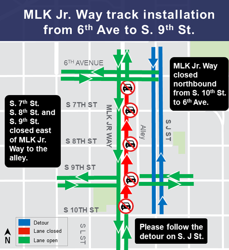 Construction map for Martin Luther King Jr Way from S 6th St to S 10th St, Hilltop Tacoma Link Extension