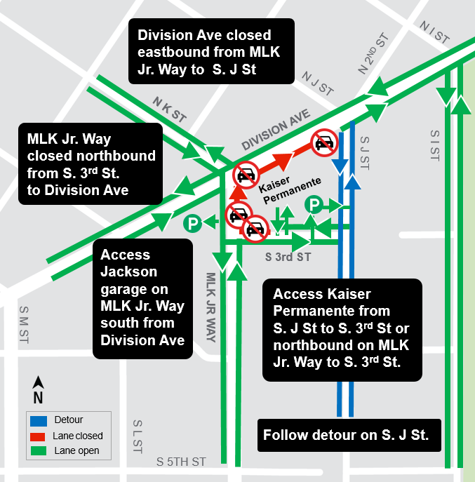 Construction map for Martin Luther King Jr Way and Division Avenue to South 3rd Street Flatwork, Hilltop Tacoma Link Extension