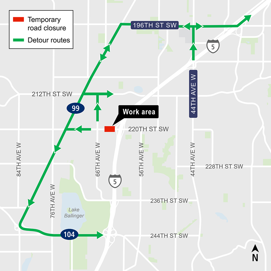 Construction map for 220th Street Southwest closure, Mountlake Terrace Station, Lynnwood Link Extension