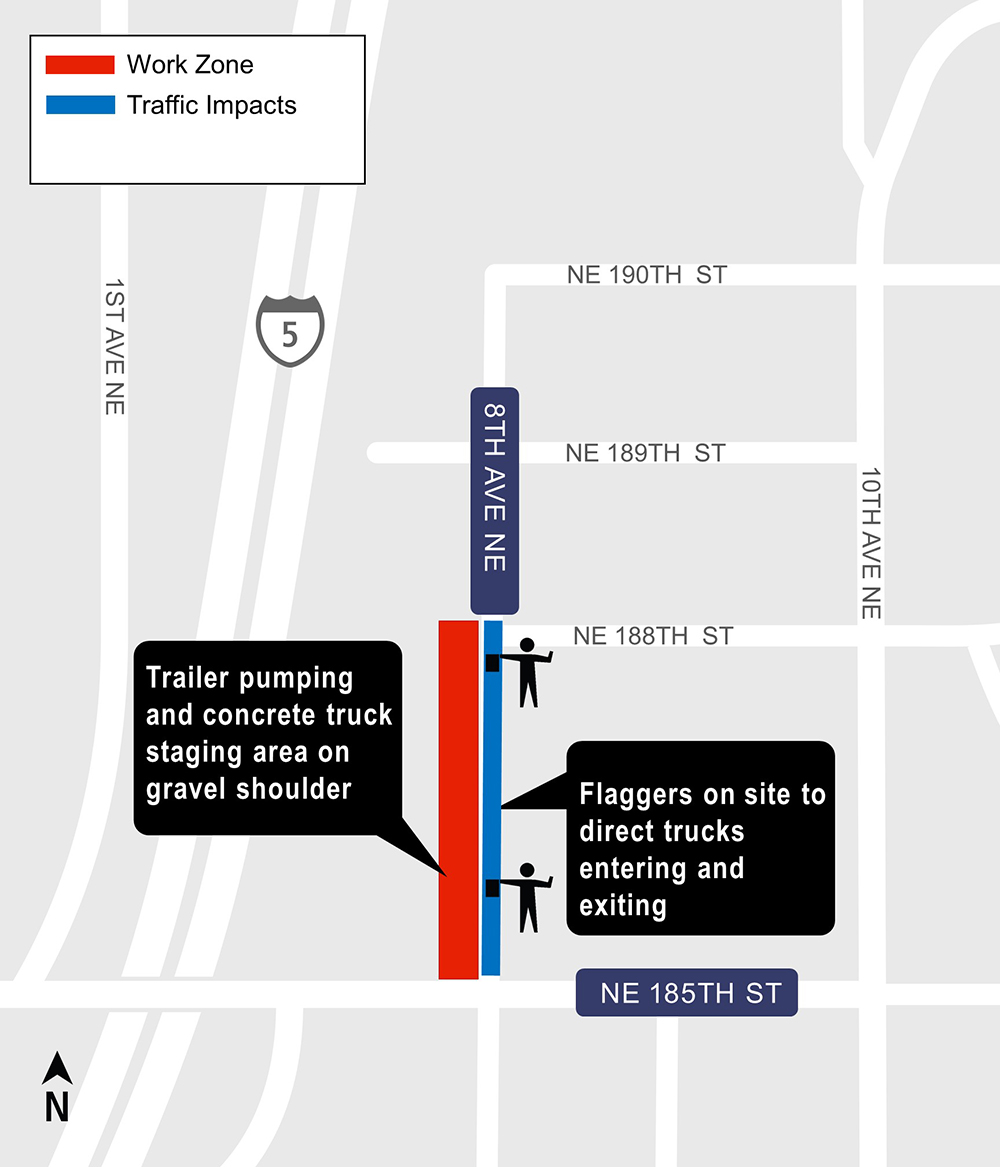 Construction map for 8th Avenue Northeast concrete pour, Shoreline North/185th Station, Lynnwood Link Extension