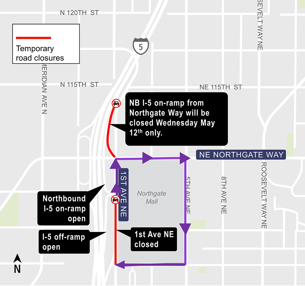 Construction map for NE 103rd and Northgate Way on-ramp to Northbound Interstate-5 closure, Lynnwood Link Extension 