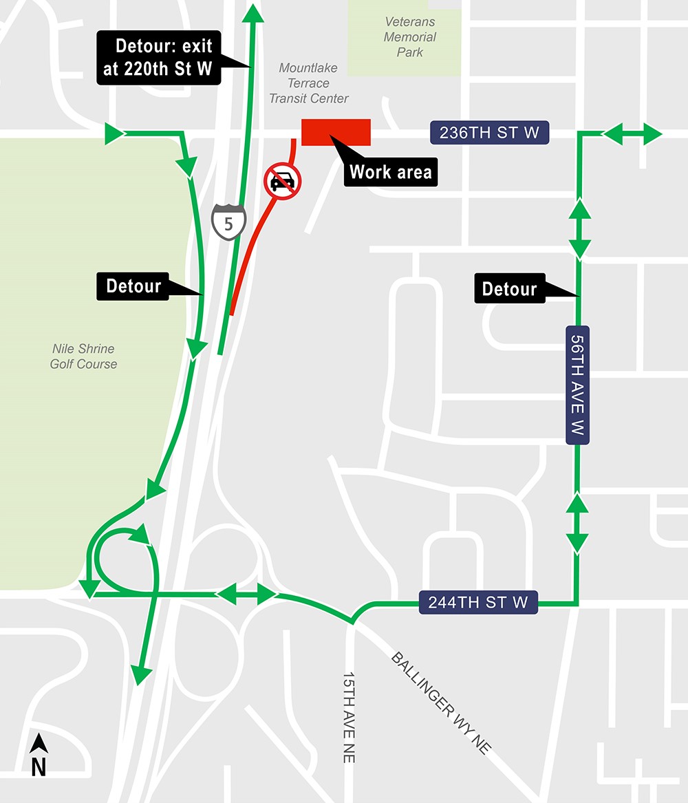 Construction map for 236th St SW closures and detours, Mountlake Terrace Station 