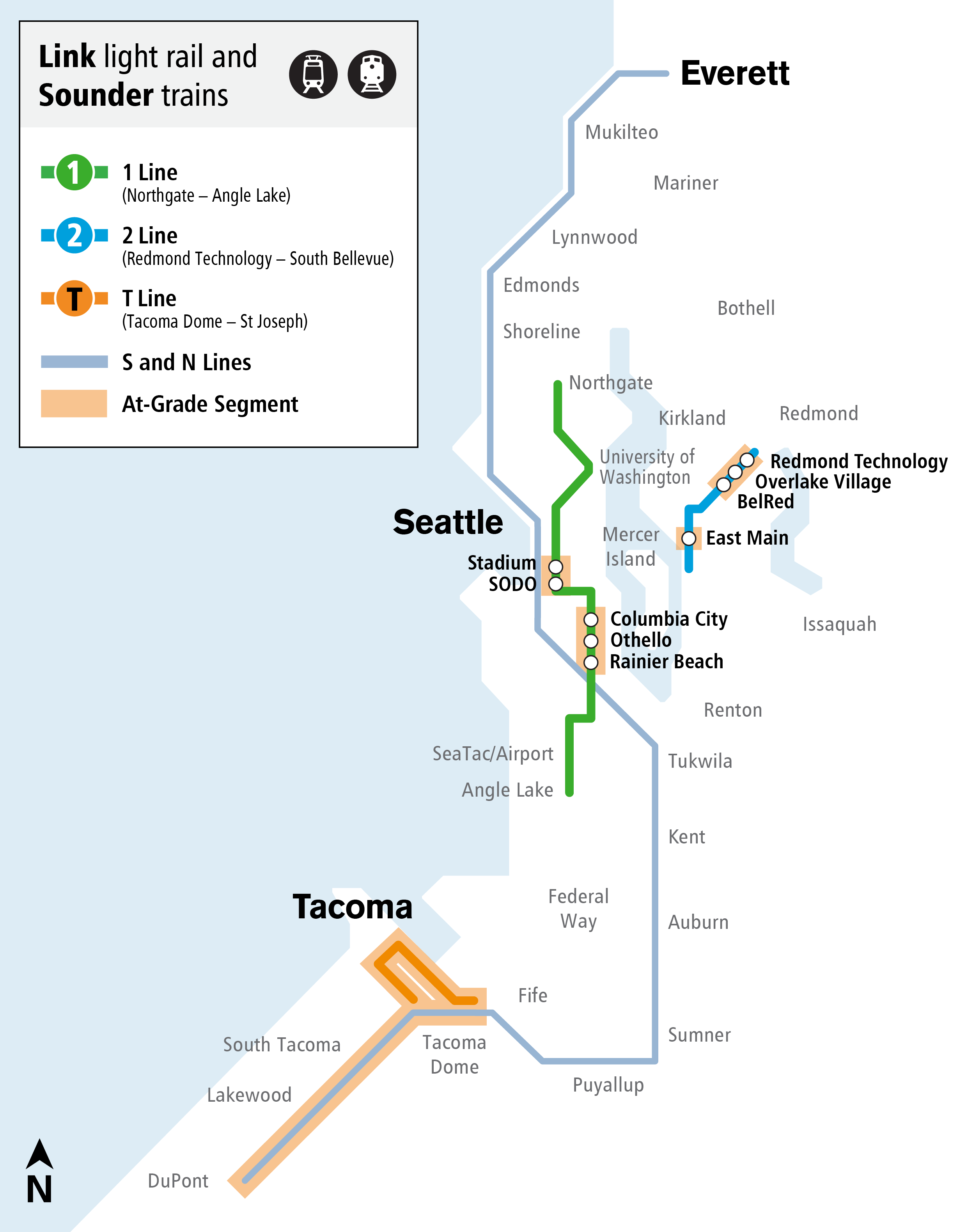 Map with at-grade crossings through ST district. Highlights at-grade crossings in the Rainier Valley in Seattle, through Bellevue and Redmond, and in Tacoma.