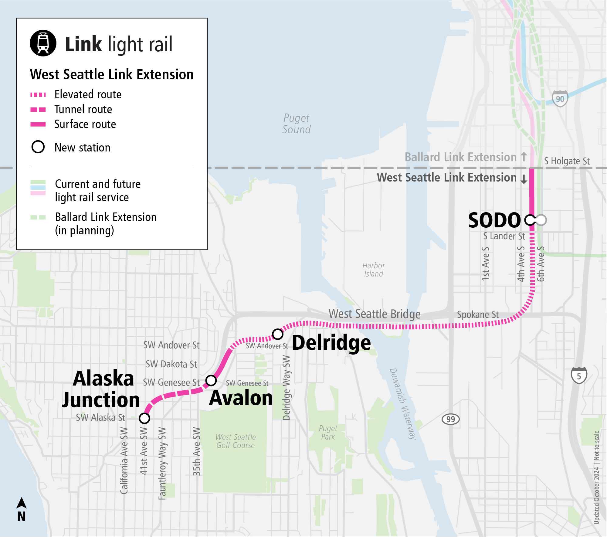 Map of the route for the West Seattle Link Extension