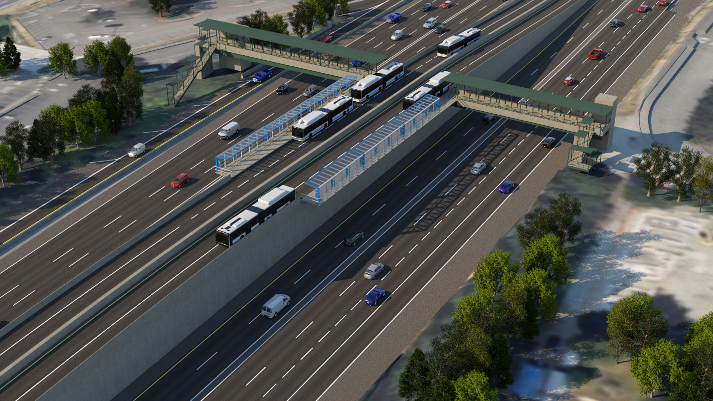 A concept rendering of an inline Stride station on Interstate 405 at the Brickyard Park & Ride station.