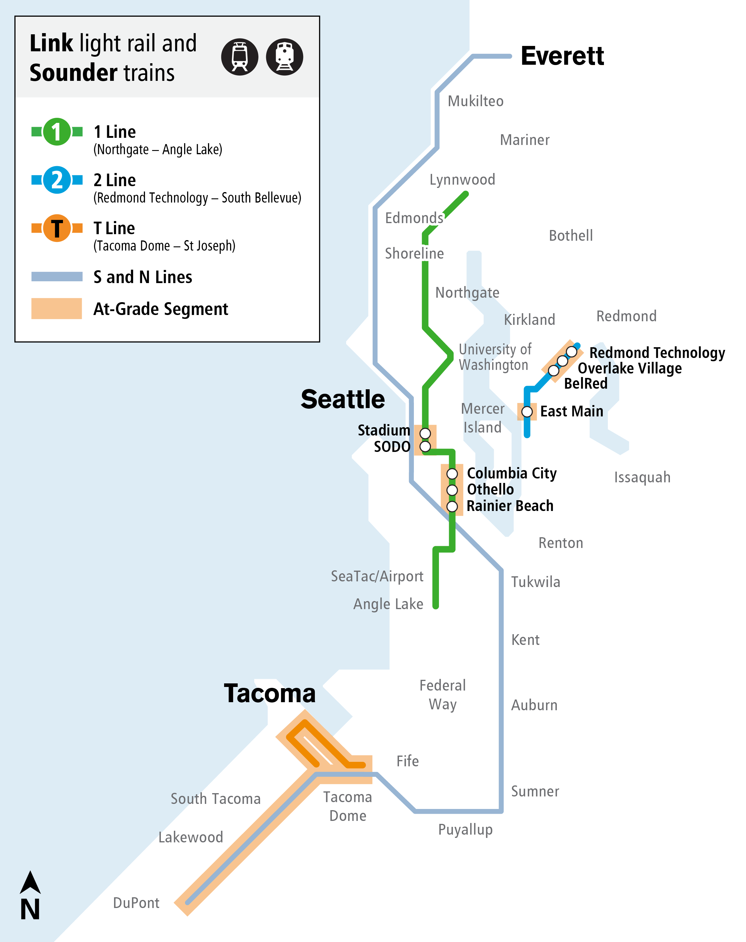 Map with at-grade crossings through ST district. Highlights at-grade crossings in the Rainier Valley in Seattle, through Bellevue and Redmond, and in Tacoma.