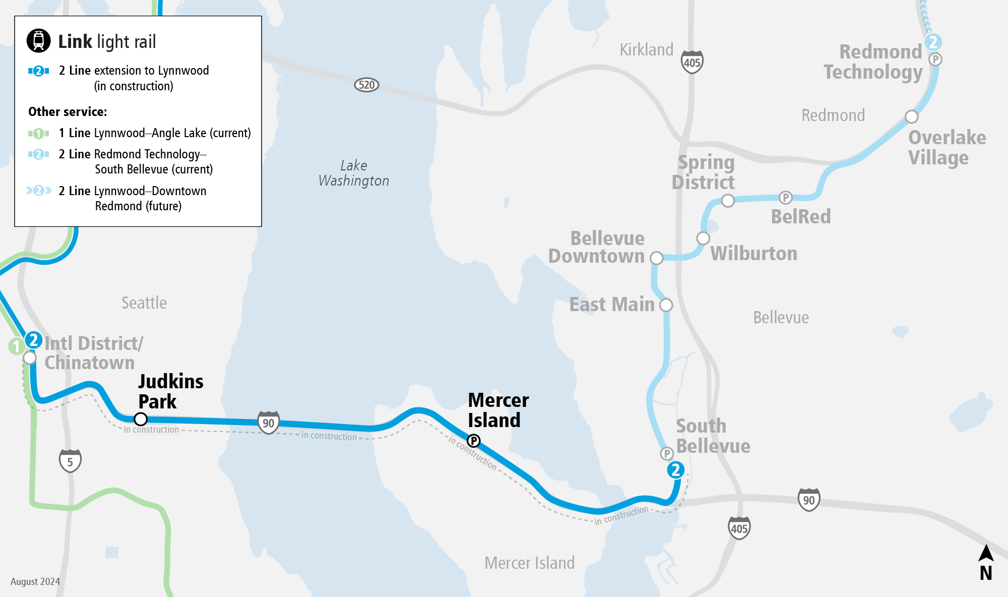 Map of open and ongoing construction portions of the 2 Line alignment