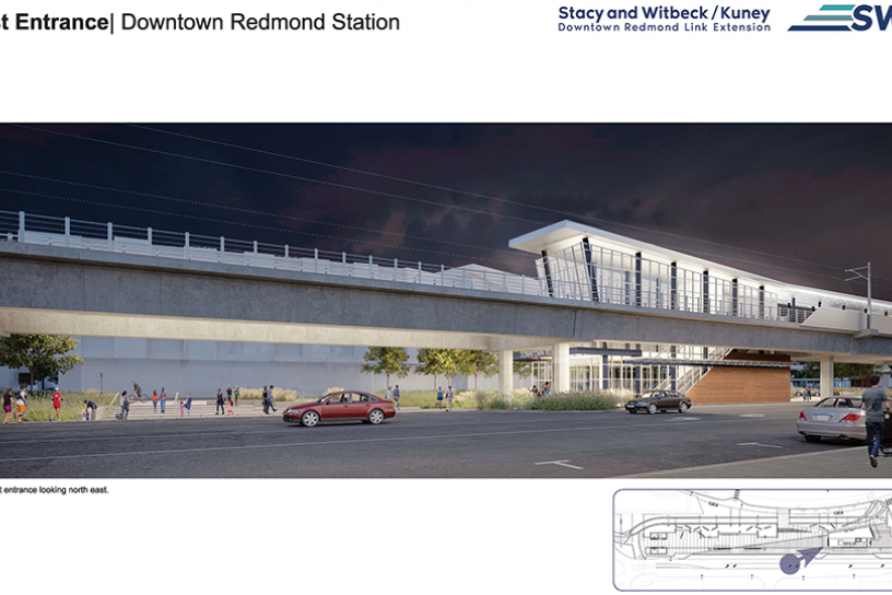 Future downtown Redmond station design with nighttime lighting.