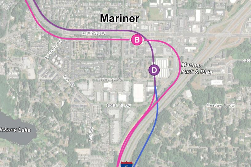 Mariner station alternatives being studied in the Environmental Impacts Statement. The station alternatives are labeled B and D. There is no current preferred alternative at this station area. 