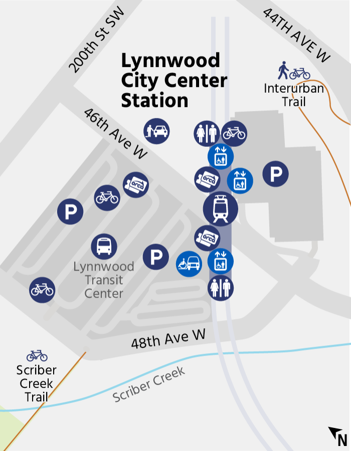 A map showing amenities at Lynnwood City Center Station.