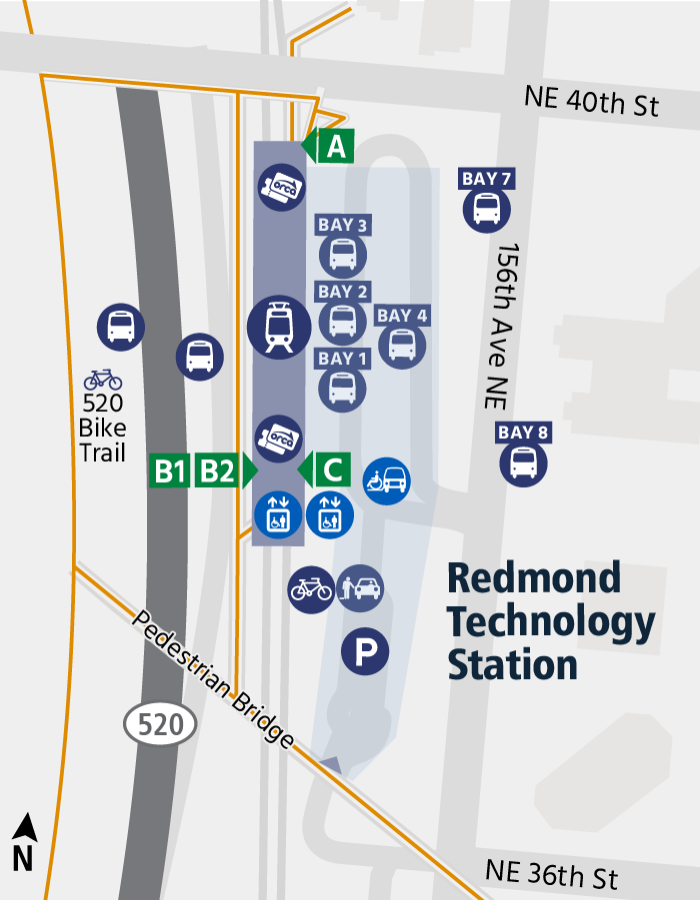 area map showing relative locations of train platform, ORCA Ticket Vending Machines, Passenger Pick-up/Drop-off, pedestrian crossing and 520 bike trail intersection, bike locker locations, and bus bays at Redmond Technology Station