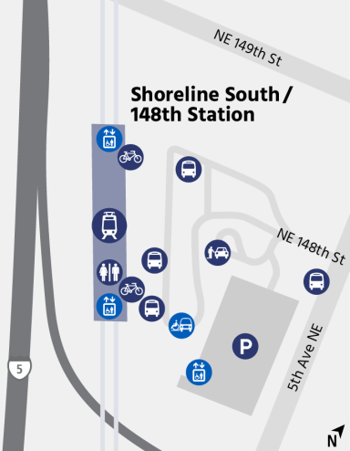 A map showing the amenities at Shoreline South/148th Station.