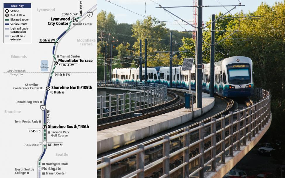 Map of the Lynnwood Link light rail extension and train on elevated tracks