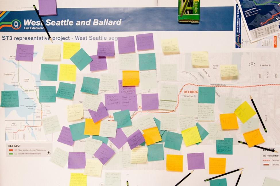 A map full of post-it notes showing suggestions for the West Seattle/Ballard extension