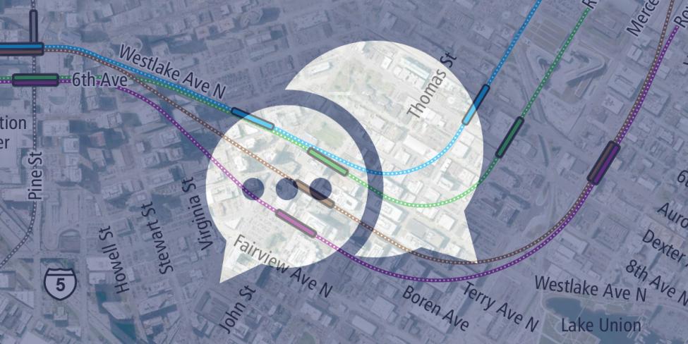 Conversation bubbles over map illustration.