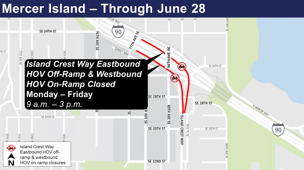Map of Island Crest Way HOV on and off-ramp closures.