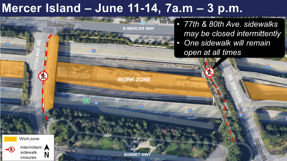 Map of sidewalk closures along 77th Avenue Southeast and eastbound HOV off-ramp closures on Island Crest Way.