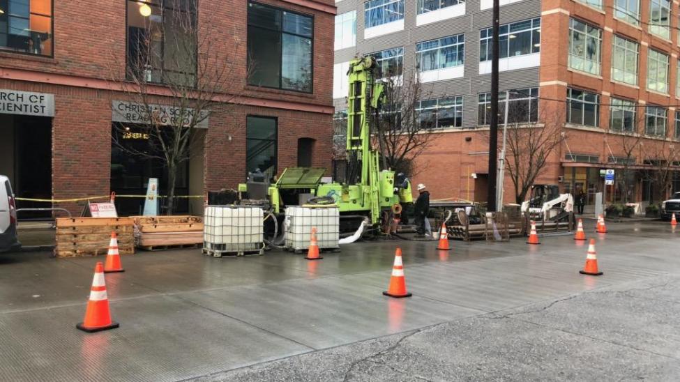 An example of fieldwork crew conducting geo-technical boring to collect soil samples at South Lake Union in Seattle.