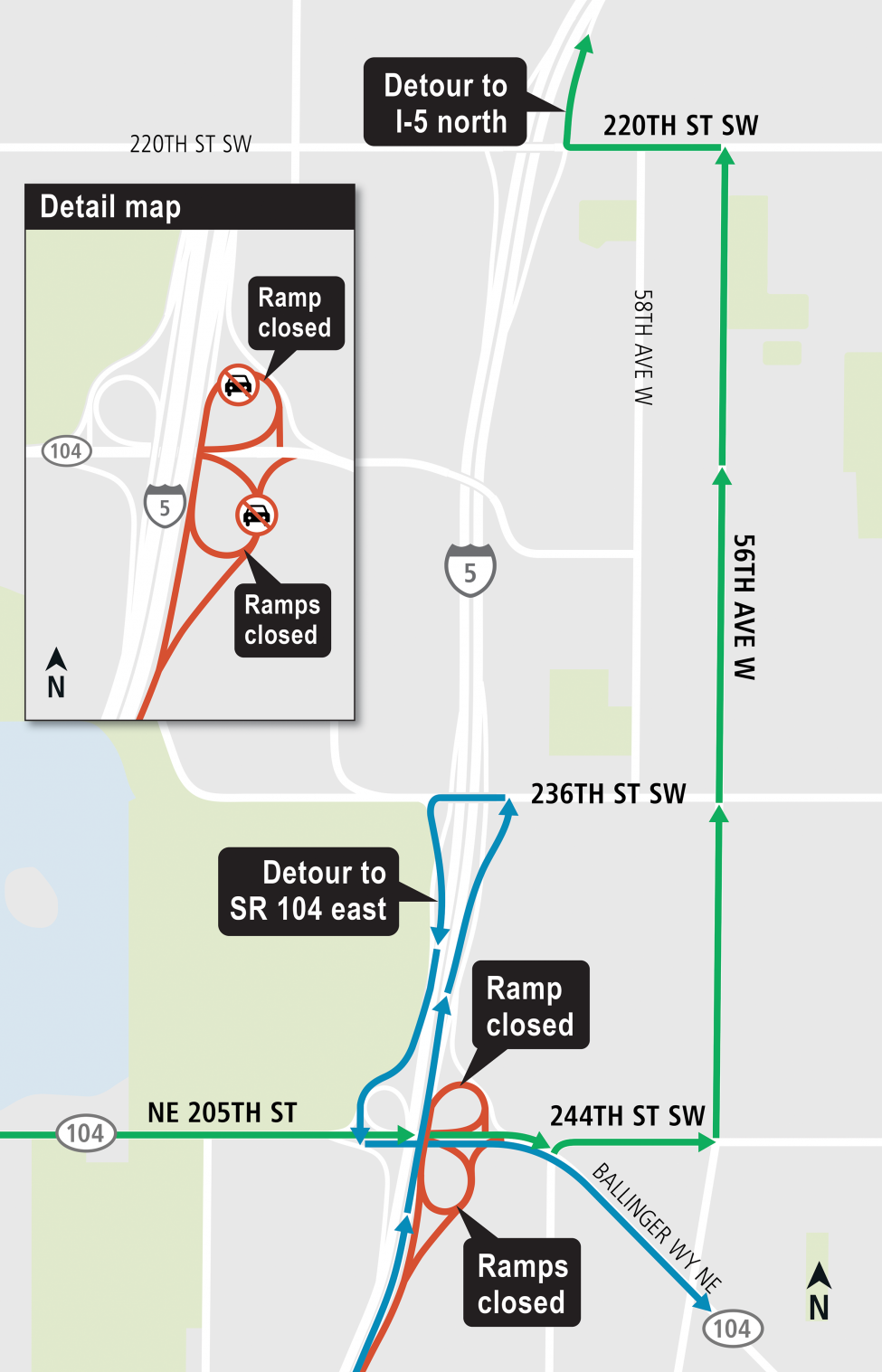 Map of ramp closures to/from Interstate 5.