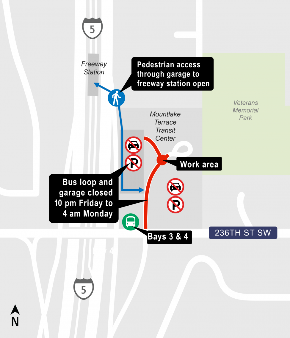 Map showing location of parking garage and bus loop closures at Mountlake Terrace.