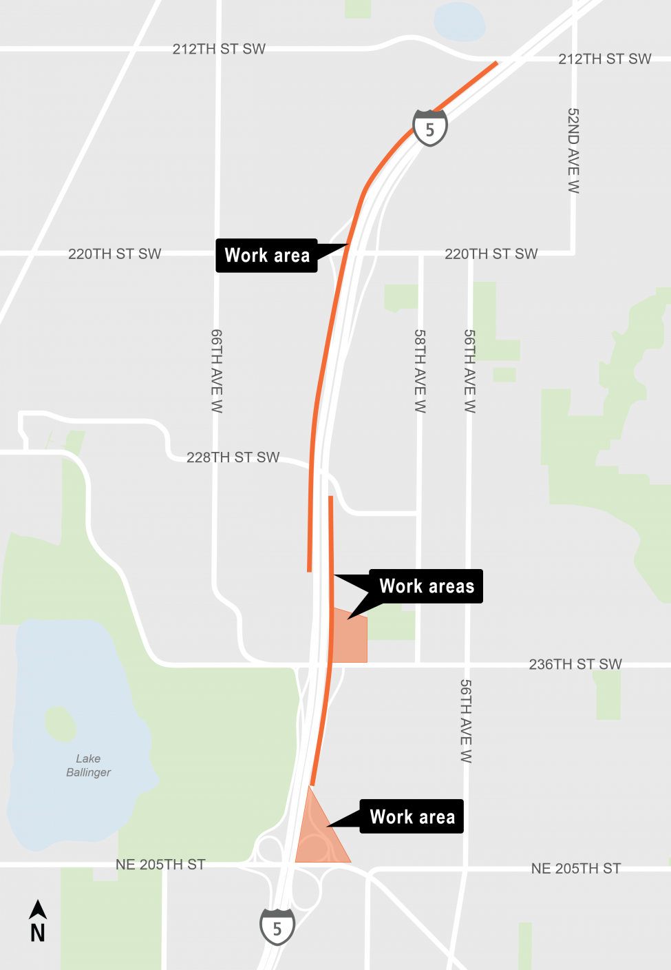 Map showing construction truck hauling and heavy equipment work at Northeast 205th Street to 228th Street Southwest along northbound Interstate 5 and 212th Street Southwest to 236th Street Southwest along southbound I-5.