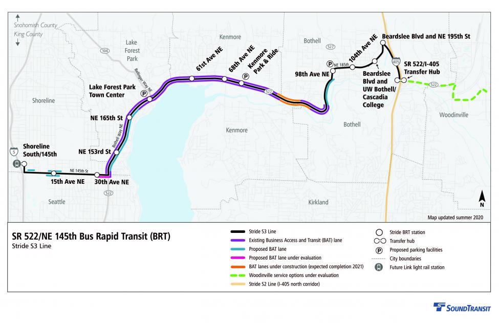 Map of proposed SR 522 Bus Rapid Transit line.