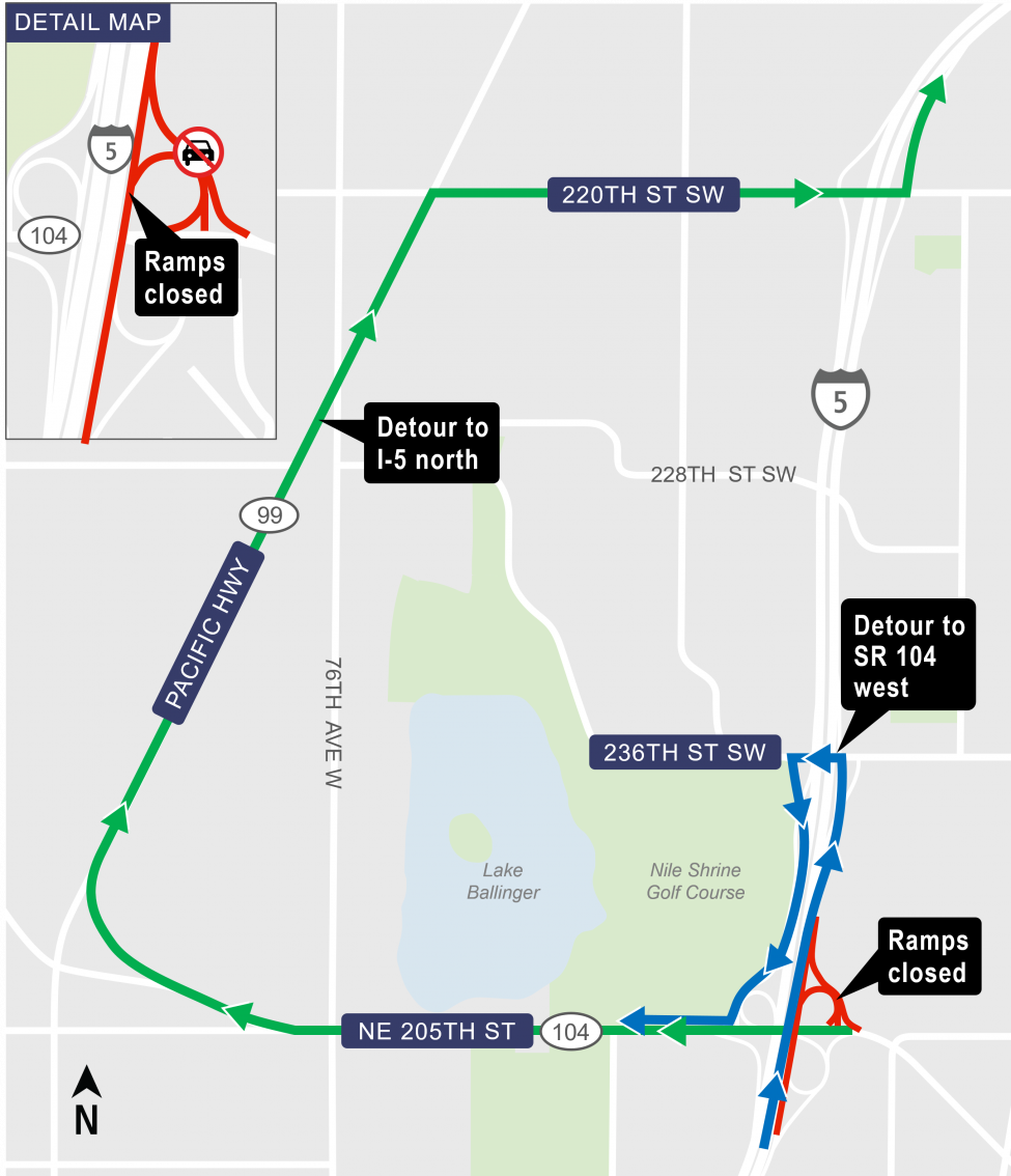 Map of nighttime closures of the off-ramps to westbound and eastbound State Route 104.
