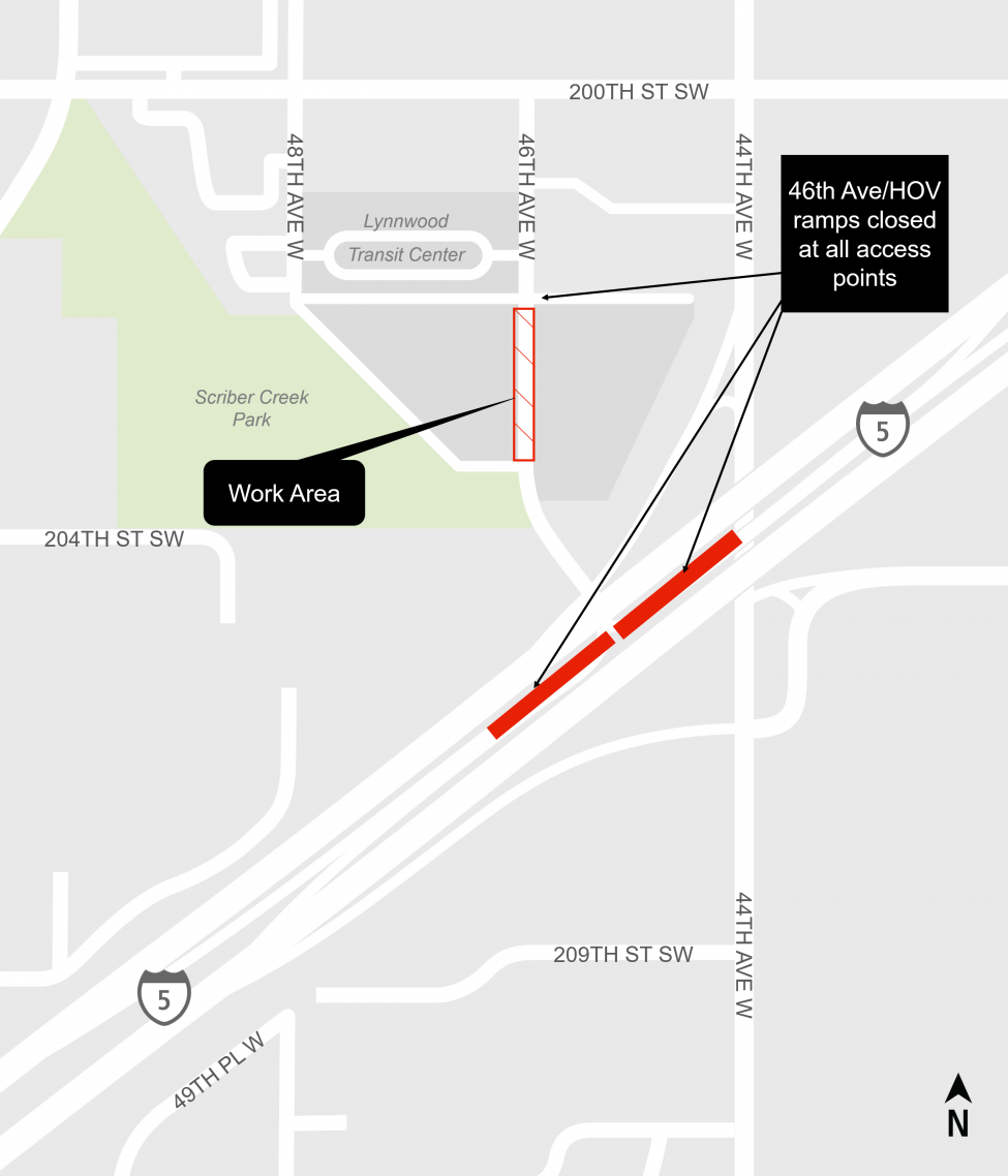 Map of closure of 46th Avenue West HOV ramps to the Lynnwood Transit Center.