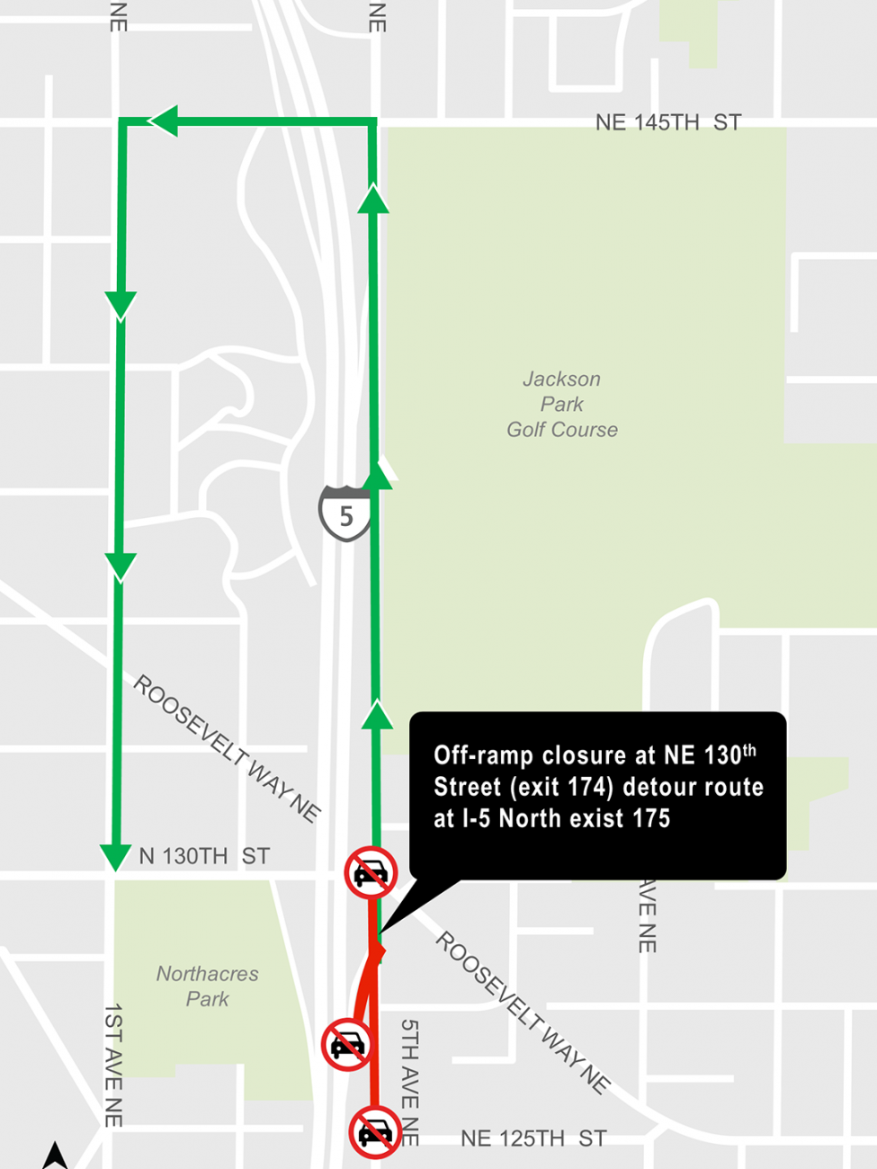Construction map for NE 130th St Off Ramp closure, Lynnwood Link Extension