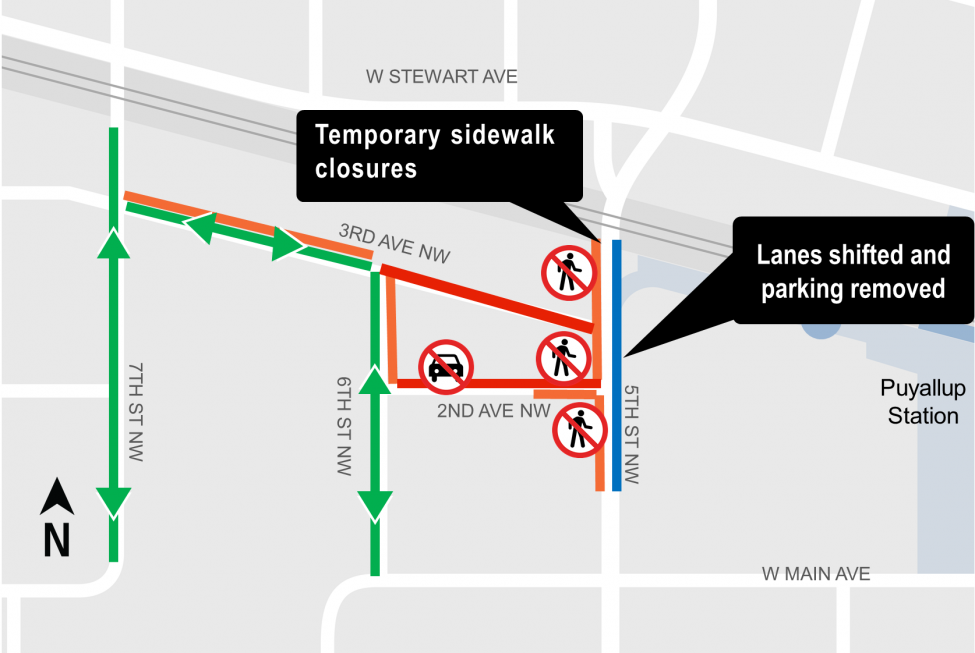 Map of lane and sidewalk closures around 5th Street Northwest.