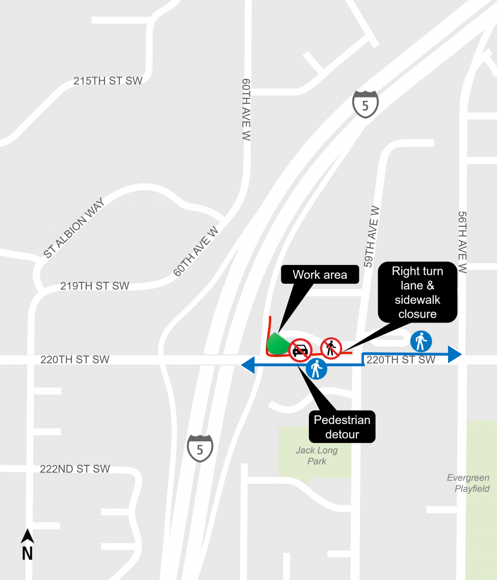 Map of the right turn lane closure on the north side of 220th Street SW