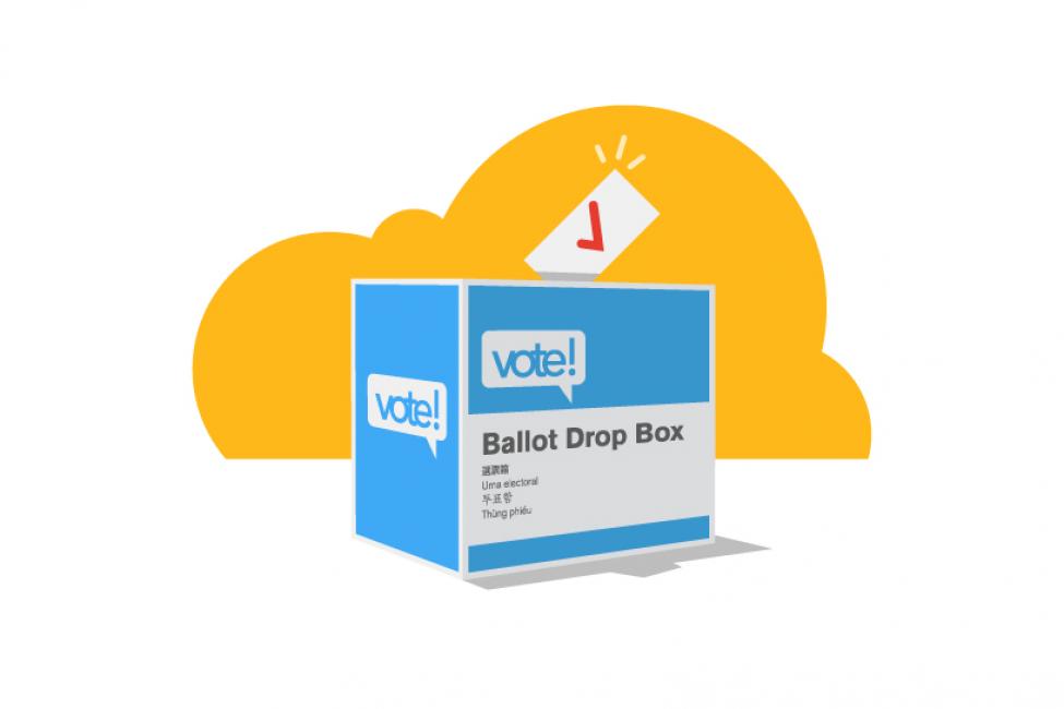 A graphic shows a blue and white ballot box.