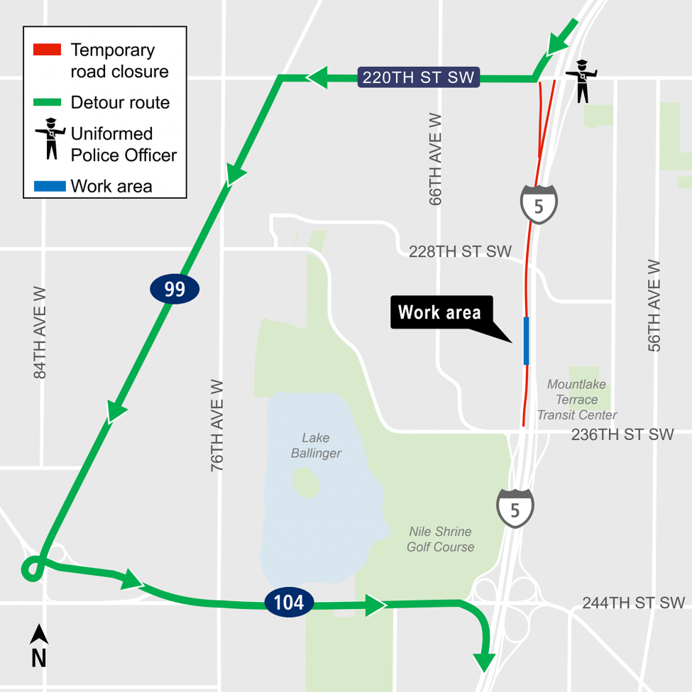 Map of southbound Interstate 5 closures.