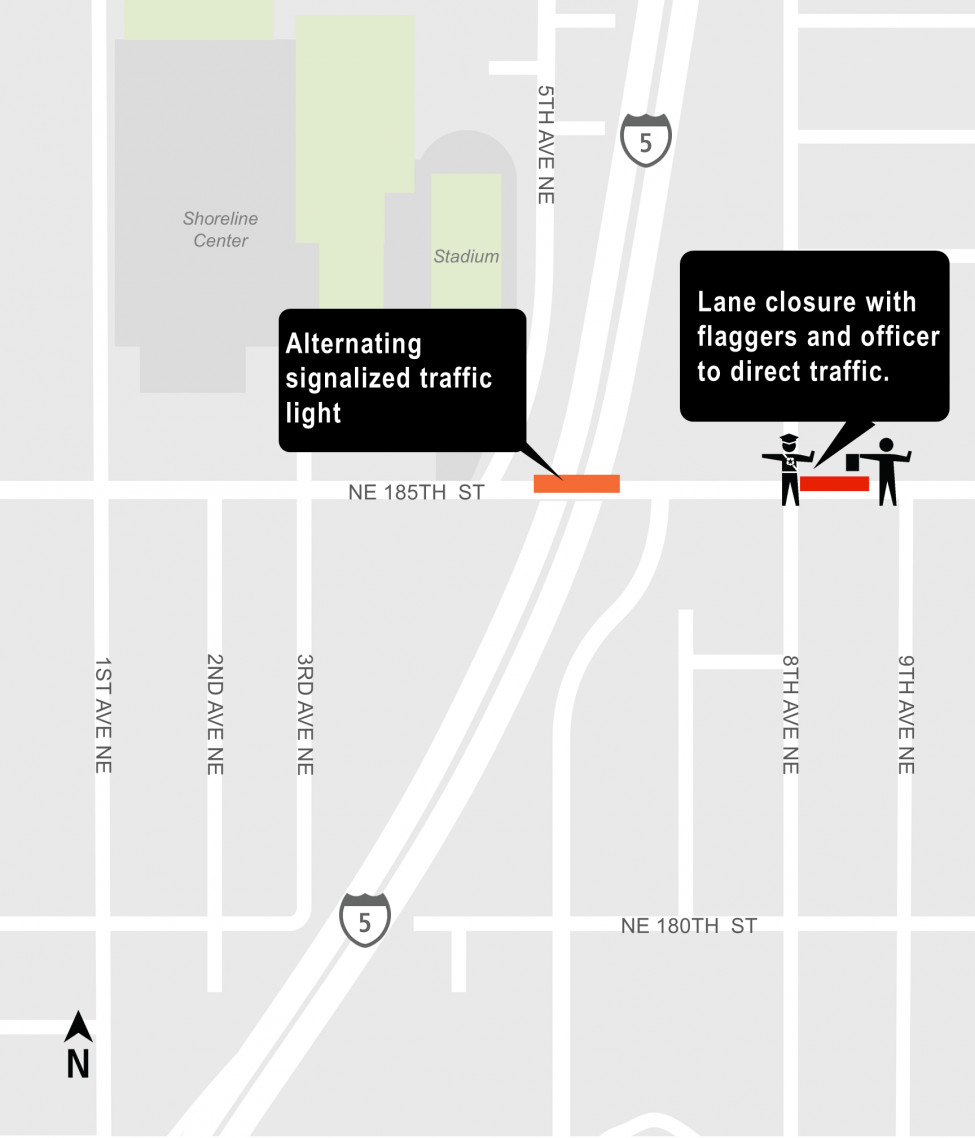 Map of lane closure at Northeast 185th Street between 10th Avenue to 8th Avenue intersection.