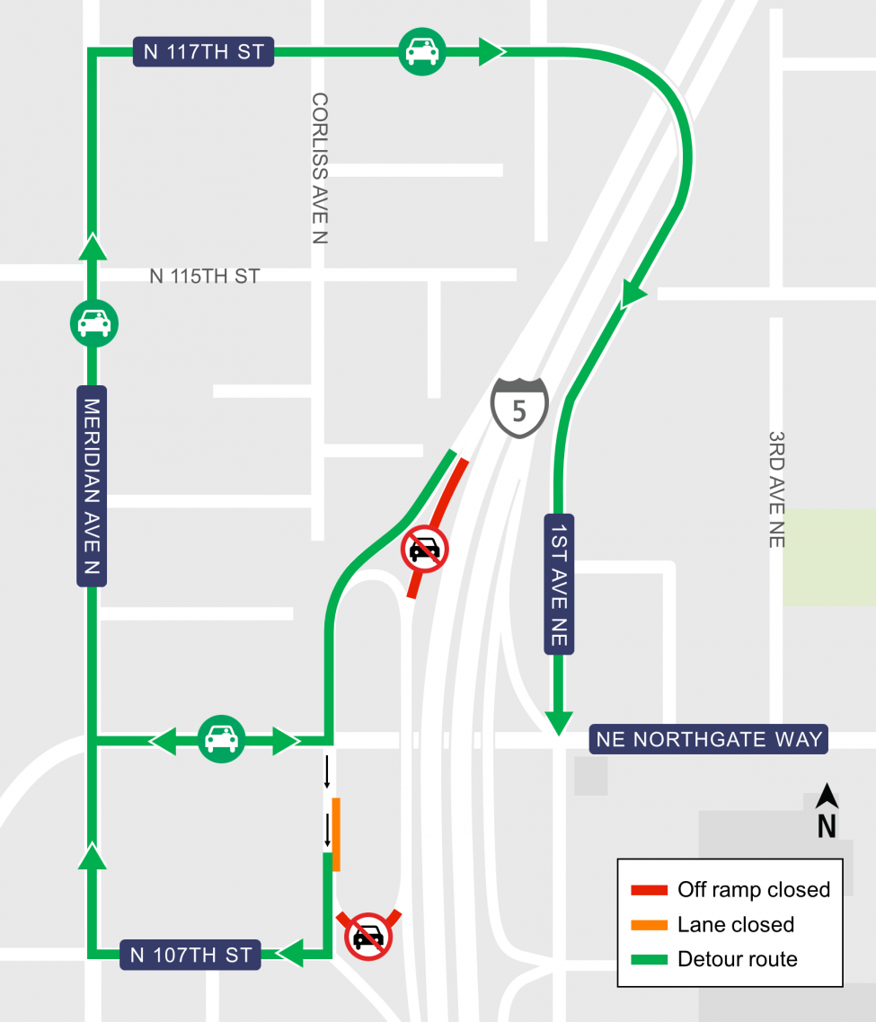 Map of nighttime closures at Corliss Avenue North between North 107th to Northgate Way for pipe installation.