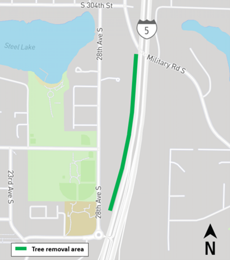 Map of tree removal along Interstate 5.