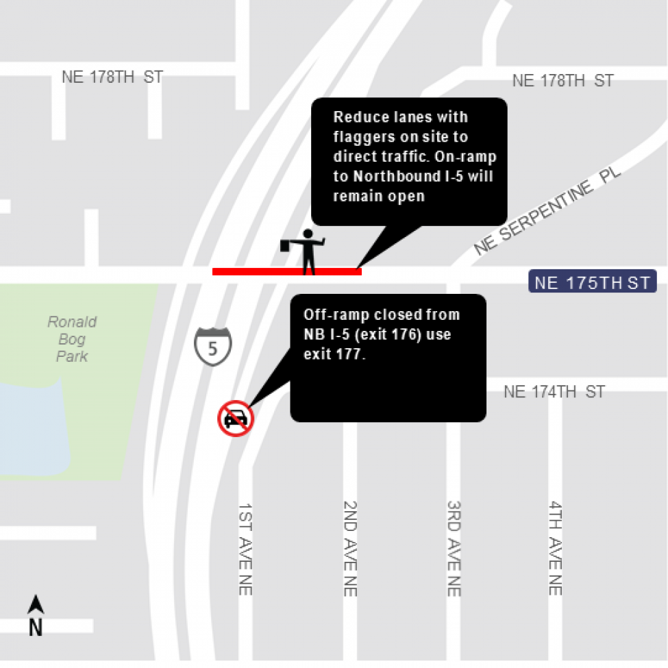 Map of Interstate 5 northbound exit ramp closure to Northeast 175th Street.