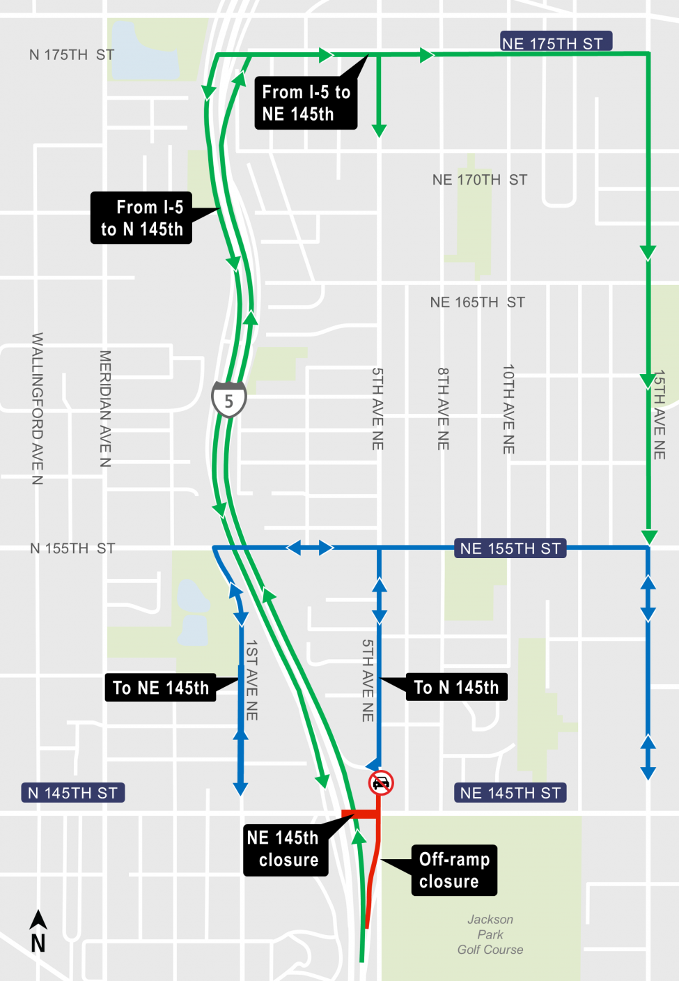 Construction map for Northeast 145th Street full closure, Lynnwood Link Extension