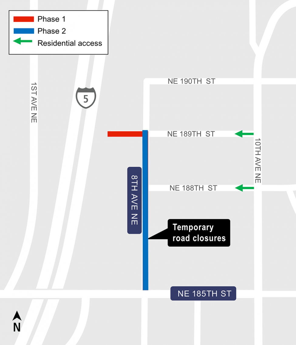 Construction map for Northeast 189th Street closure, Lynnwood Link Extension